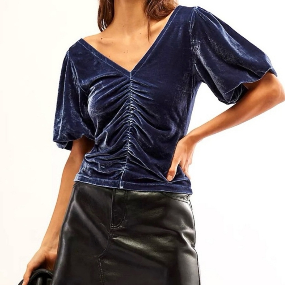 Free People Cupcake Velvet Short Sleeve Top in Outer Space (Blue Gray)
